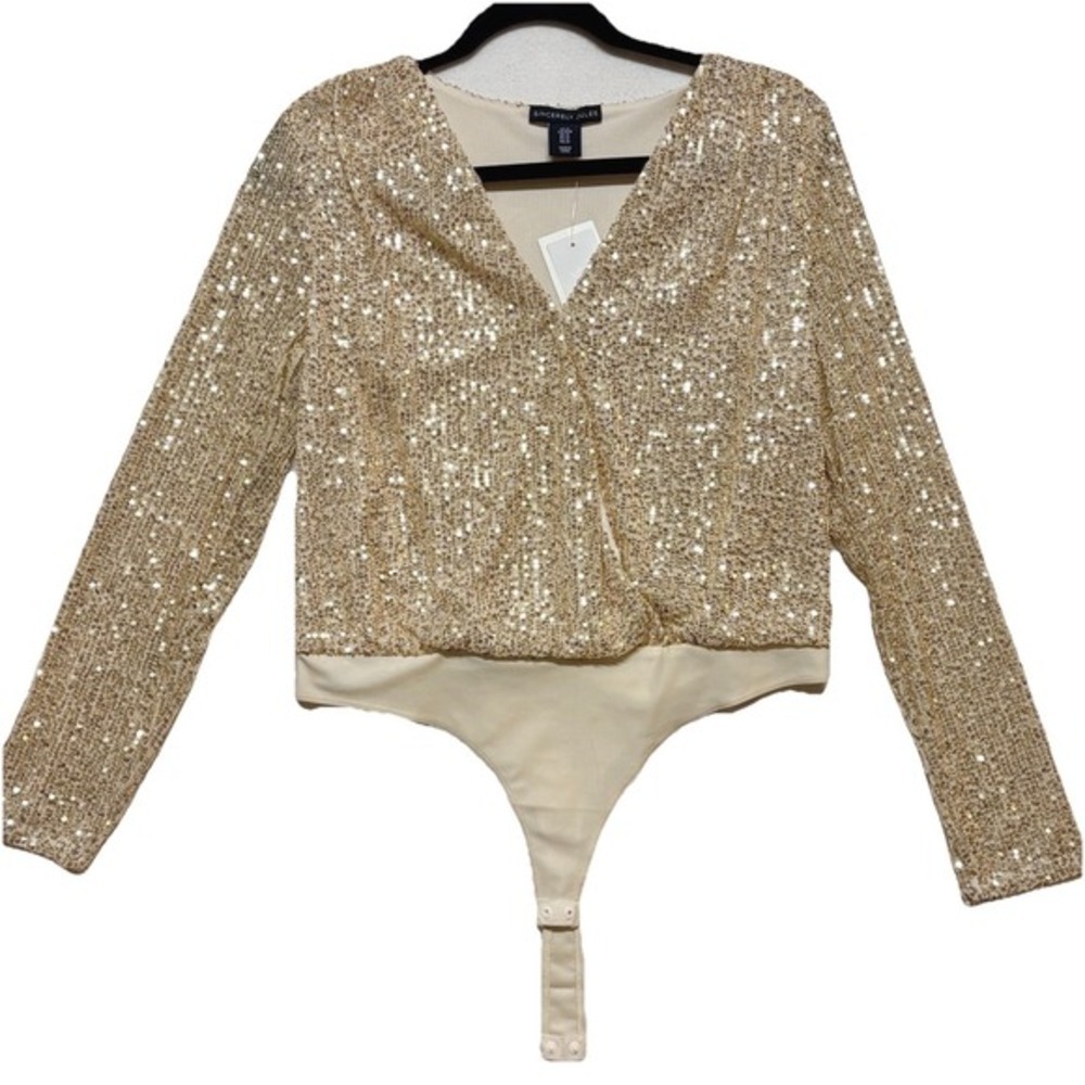 NWT Sequin Bodysuit Top Gold Champagne Long Sleeve Party Cocktail Women's Medium - Picture 5 of 10